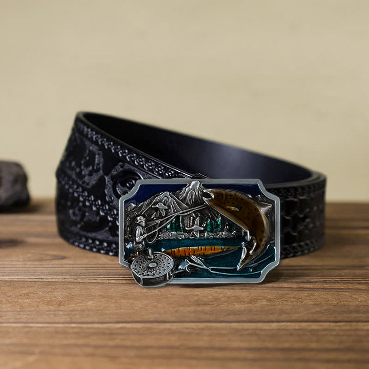 Cinturón de cuero con hebilla rectangular esmaltada para pesca, hecho a mano, para hombre