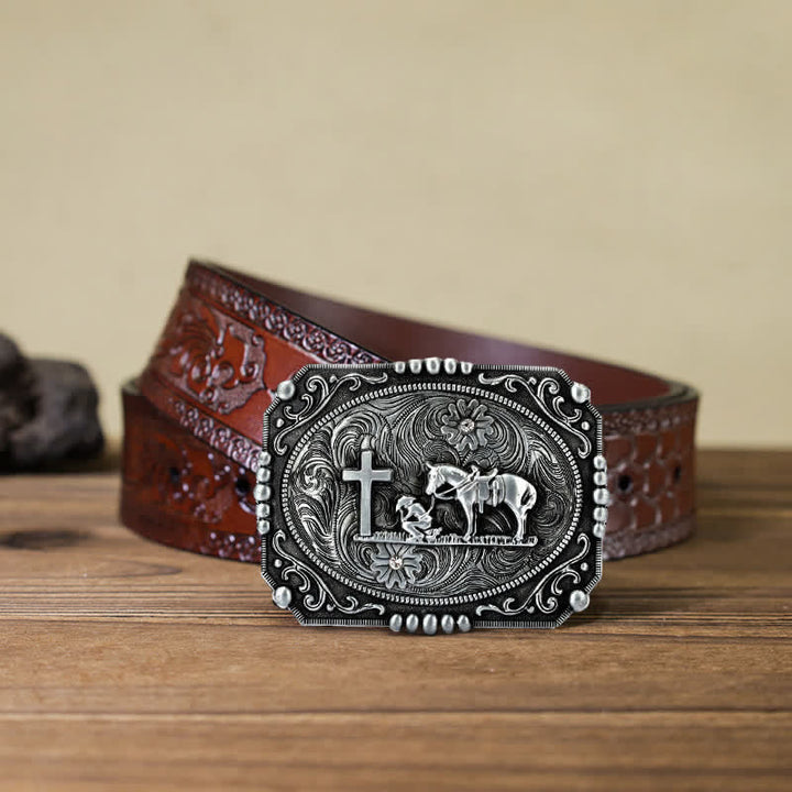 Cinturón de cuero con hebilla de oración de rodillas con cruz de caballo para hombre hecho a mano