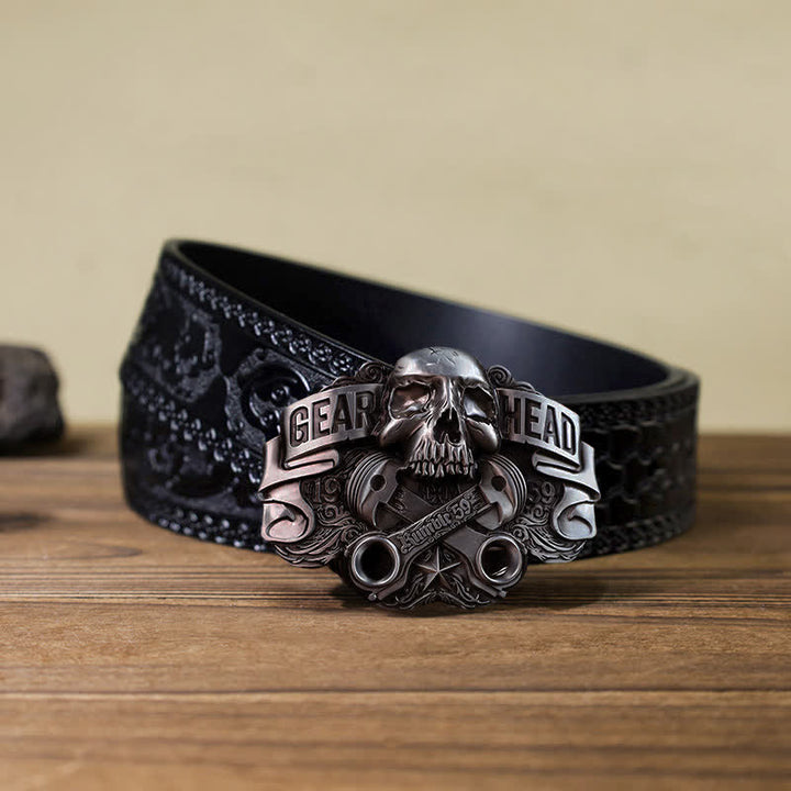 Cinturón de cuero con hebilla de calavera de pistón para hombre, hecho a mano con Gear Head