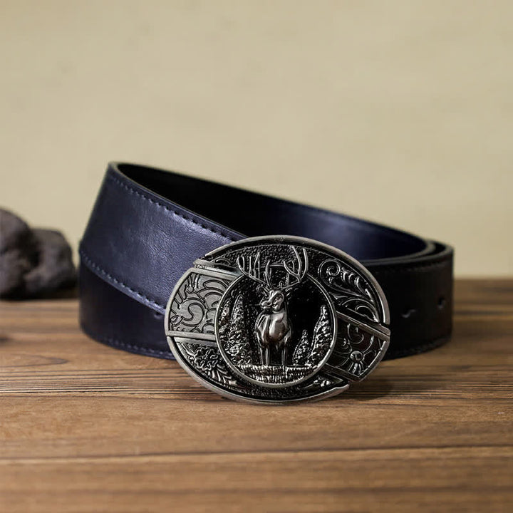 Cinturón de cuero con cuchillo plegable oculto con diseño de ciervo del bosque para hombre