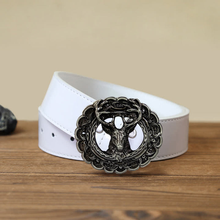 Cinturón de cuero con hebilla de cuerno de alce 3D hueco para hombre hecho a mano