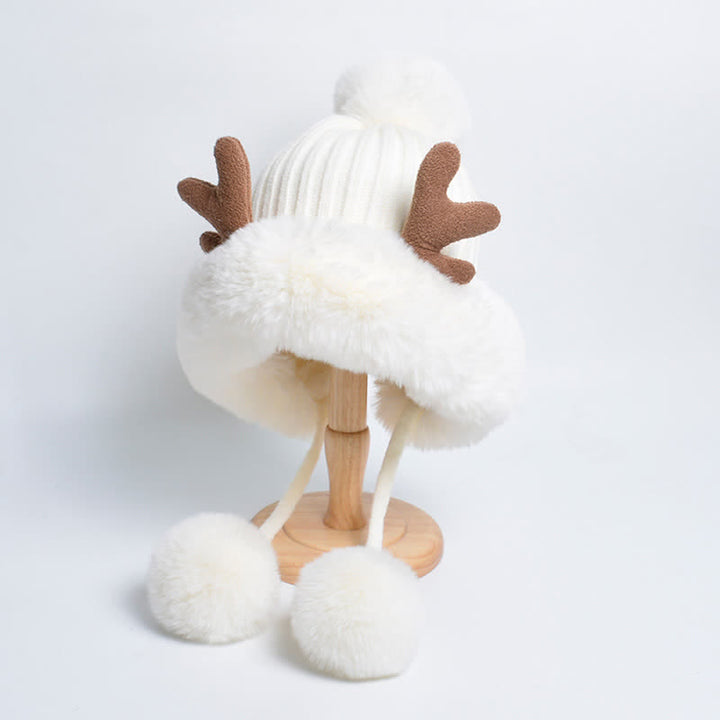 Gorro de punto con pompón de cuerno de ciervo para mujer