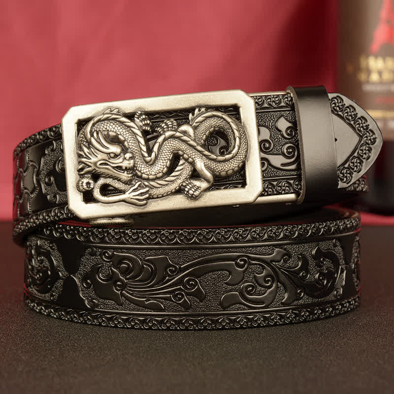 Cinturón de cuero con estampado de dragón en espiral para hombre