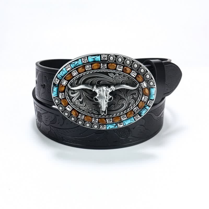 Cinturón de cuero de toro turquesa estilo vaquero occidental para hombre