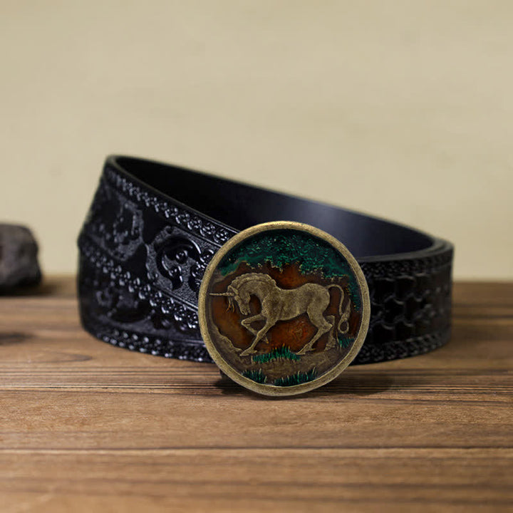 Cinturón de cuero con hebilla de bronce antiguo y diseño de unicornio místico para hombre