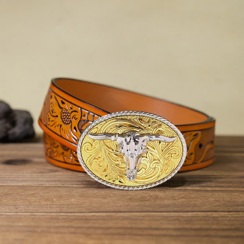 Cinturón de cuero con hebilla de cabeza de toro dorada brillante para hombre hecho a mano