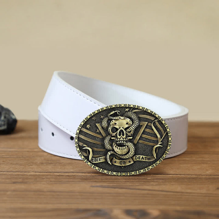 Cinturón de cuero con hebilla de calavera de serpiente "Libertad o muerte" para hombre, hecho a mano