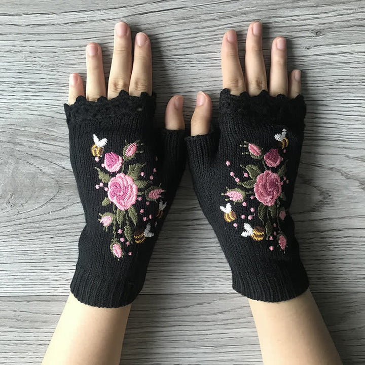 Guantes de punto de medio dedo con bordado de flores para mujer