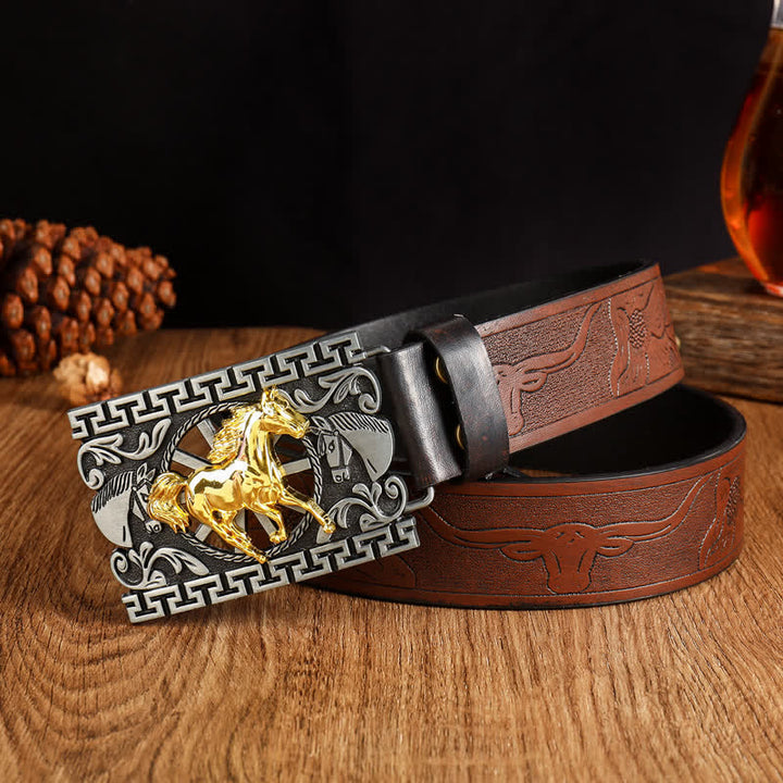 Cinturón de cuero con hebilla geométrica y diseño de caballo para hombre