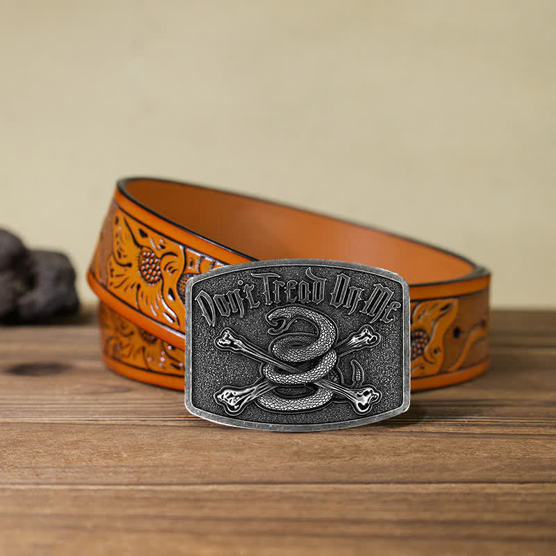 Cinturón de cuero con hebilla de serpiente de cascabel y calavera para hombre, hecho a mano