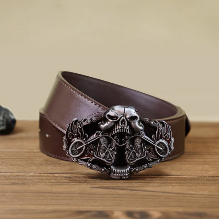 Cinturón de cuero con hebilla de cabeza de fantasma de motocicleta y calavera para hombre