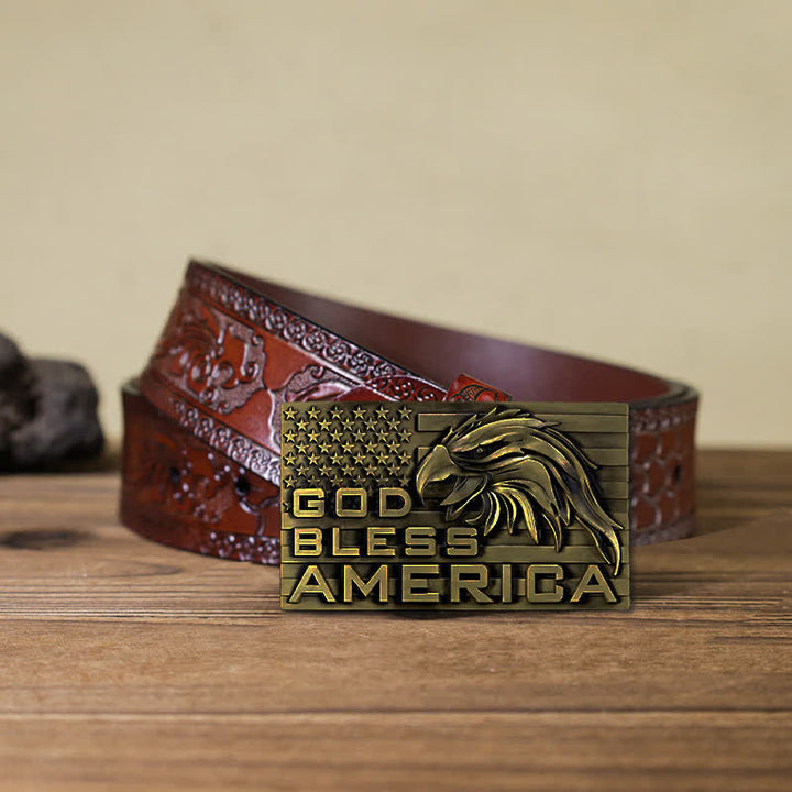Cinturón de cuero con hebilla de águila God Bless America para hombre, hecho a mano