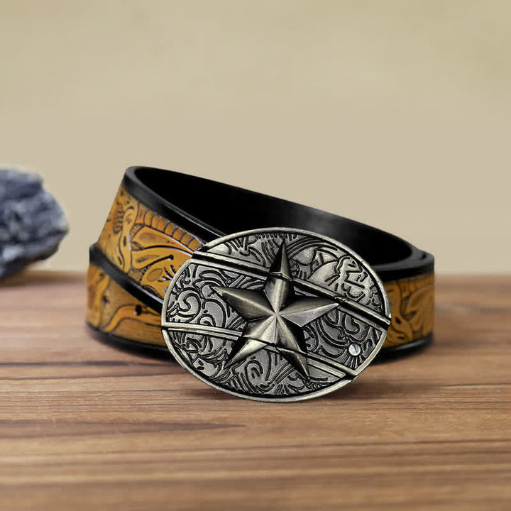 Cinturón de cuero con cuchillo plegable oculto con pentagrama para hombre
