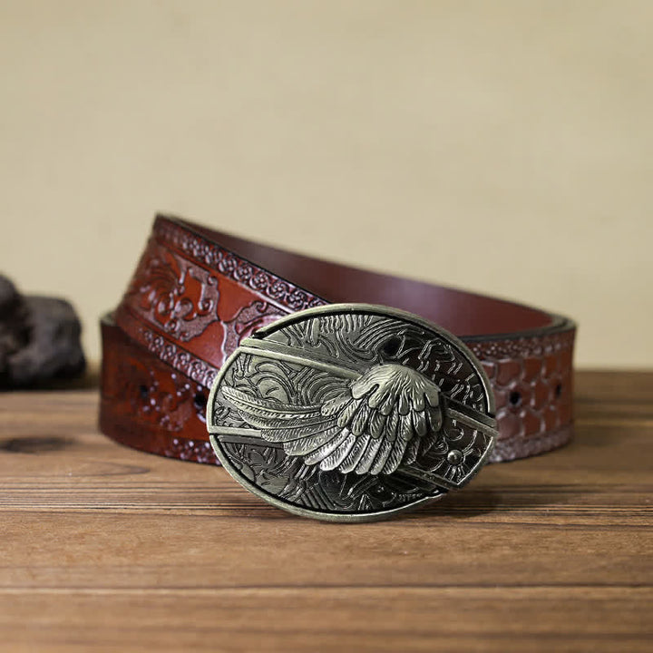 Cinturón de cuero con cuchillo plegable oculto con alas de ángel para hombre