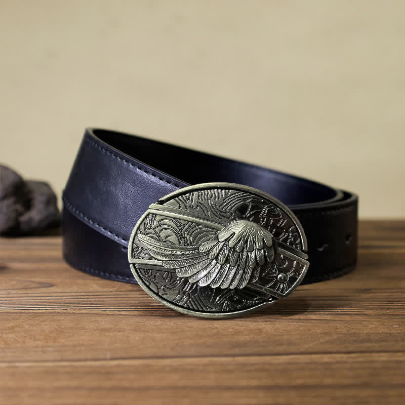 Cinturón de cuero con cuchillo plegable oculto con alas de ángel para hombre