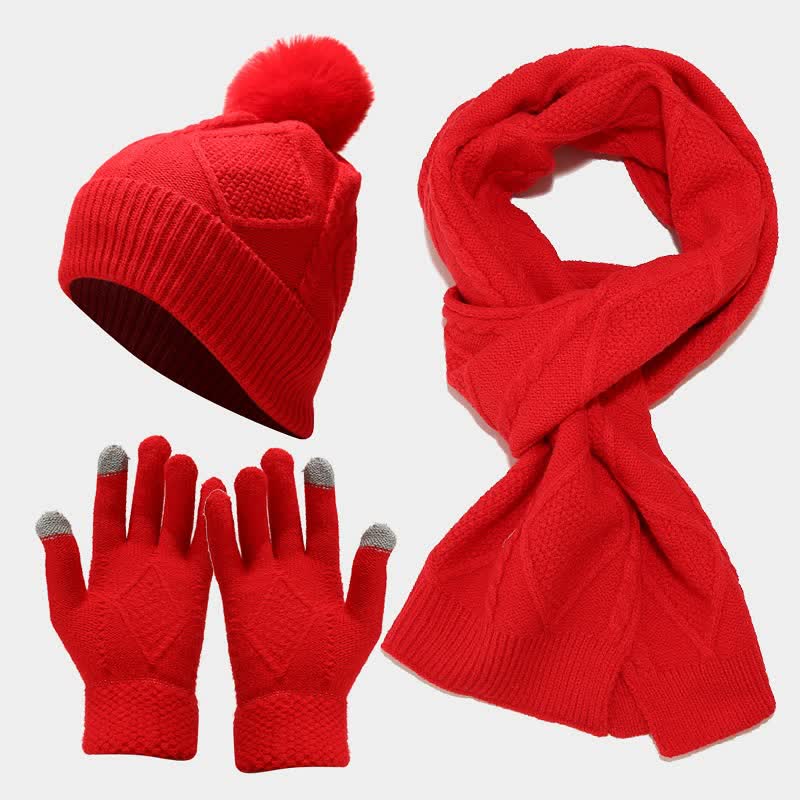 Conjunto de 3 gorros, bufandas y guantes con pompones de diamantes para mujer
