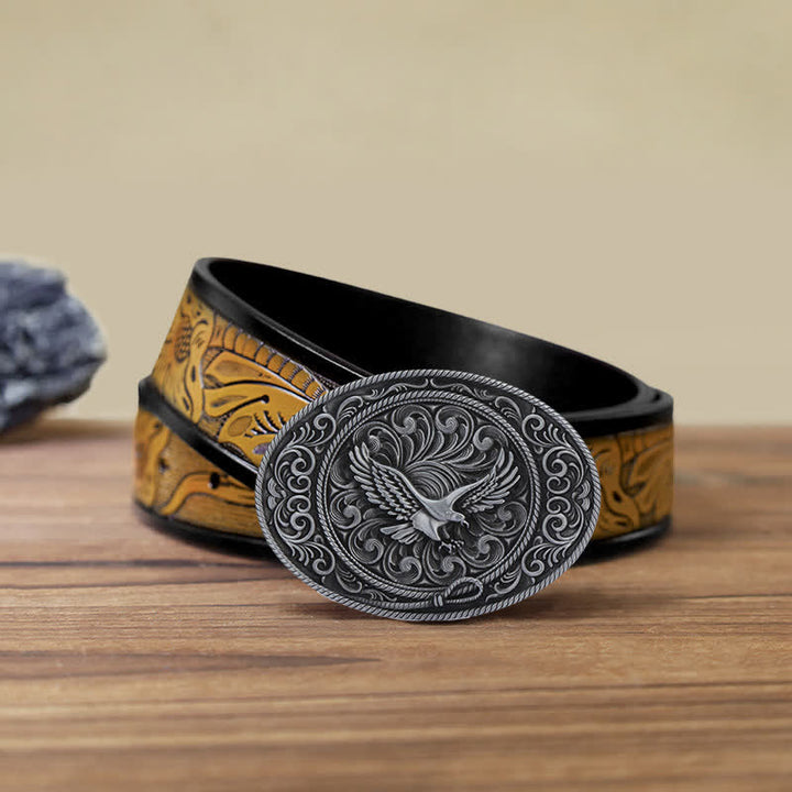 Cinturón de cuero con hebilla floral grabada con águila voladora para hombre hecho a mano