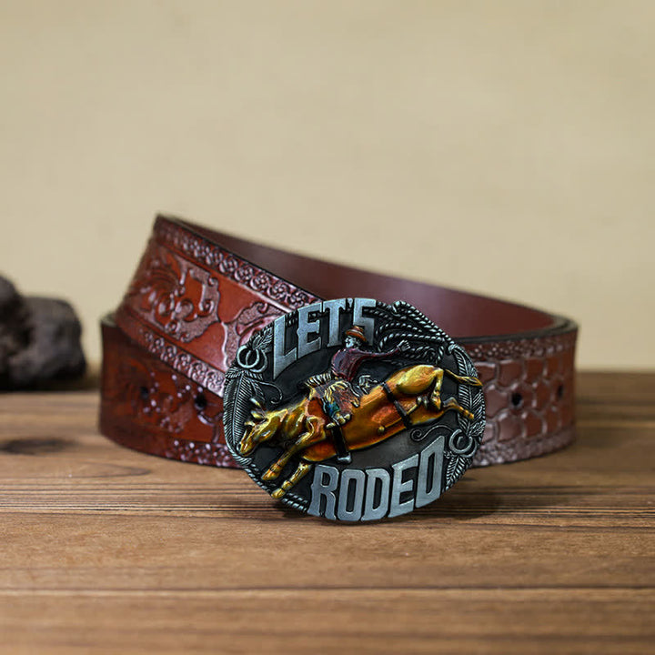 Cinturón de cuero con hebilla de toro esmaltado Let's Rodeo para hombre hecho a mano