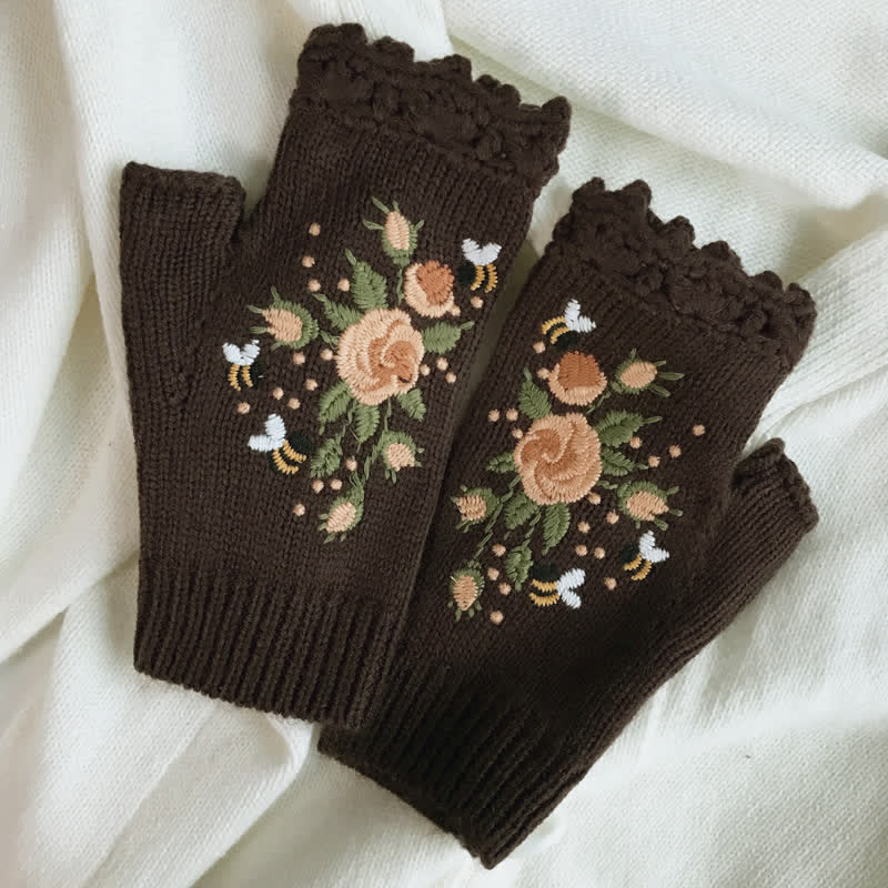 Guantes de punto de medio dedo con bordado de flores para mujer