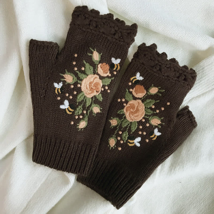 Guantes de punto de medio dedo con bordado de flores para mujer