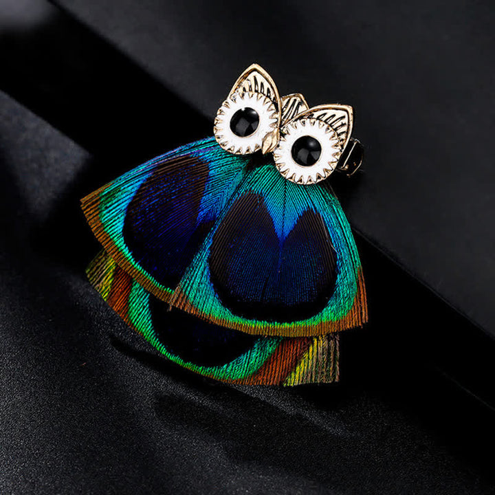 Precioso broche de plumas de pavo real y búho para mujer