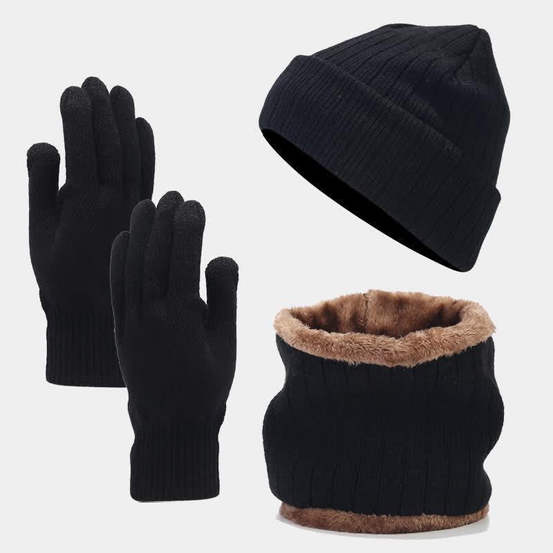 Conjunto de 3 guantes y gorro de punto de sarga gruesa unisex