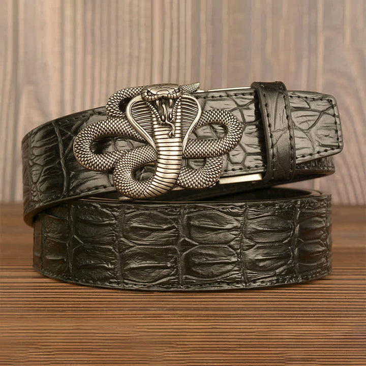 Cinturón de piel de cocodrilo con diseño de cobra rizada para hombre