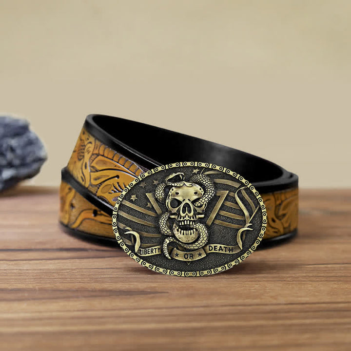 Cinturón de cuero con hebilla de calavera de serpiente "Libertad o muerte" para hombre, hecho a mano