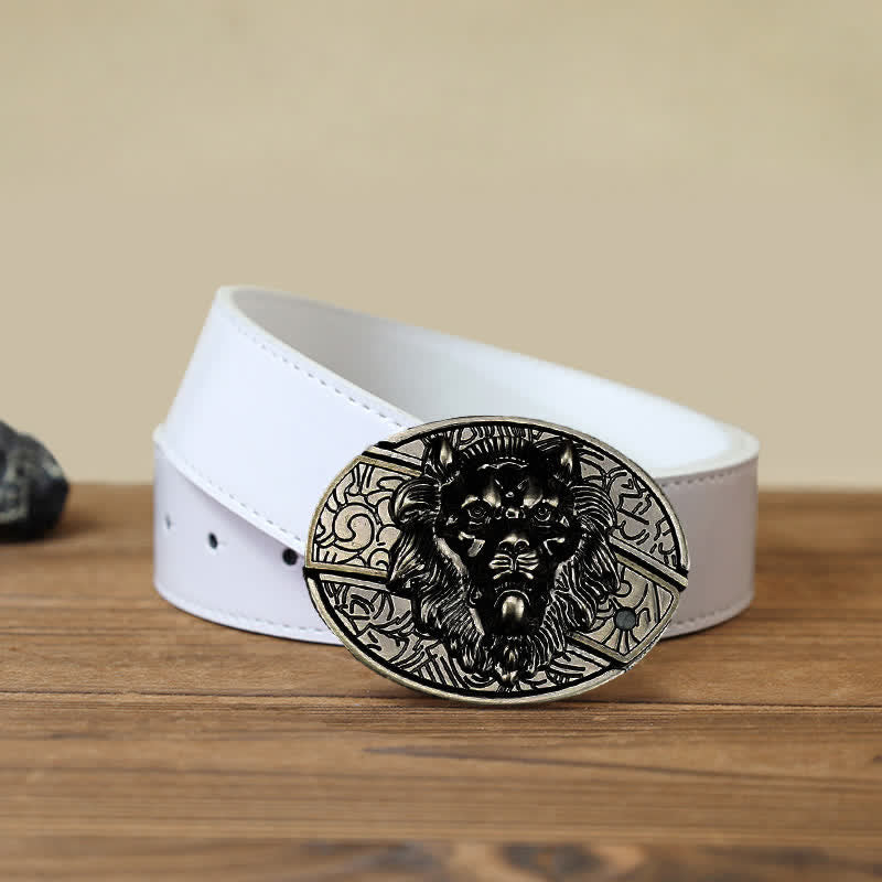 Cinturón de cuero con cuchillo plegable oculto con insignia de león para hombre