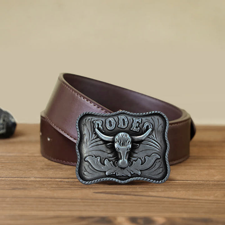 Cinturón de cuero con hebilla de rodeo de toro Longhorn plateado para hombre, hecho a mano