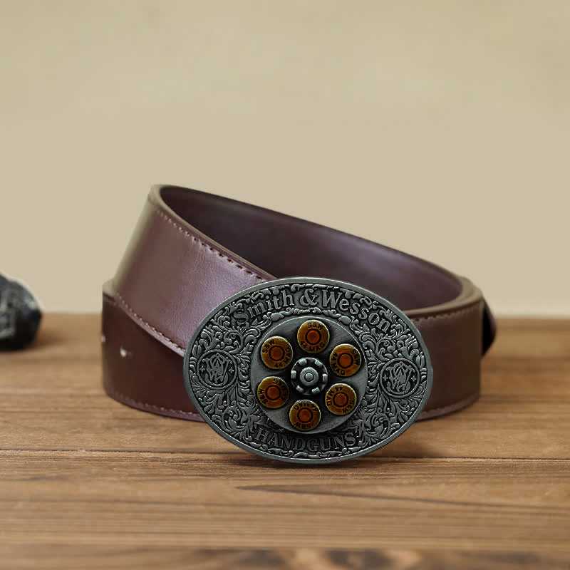 Cinturón de cuero con hebilla de rueda de pistola con cargador giratorio para hombre hecho a mano