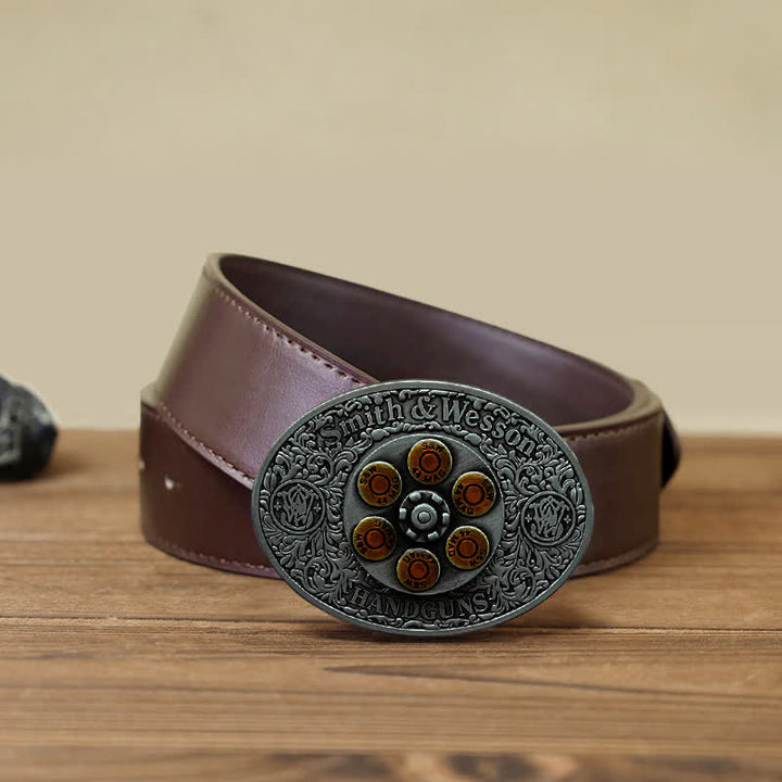 Cinturón de cuero con hebilla de rueda de pistola con cargador giratorio para hombre hecho a mano
