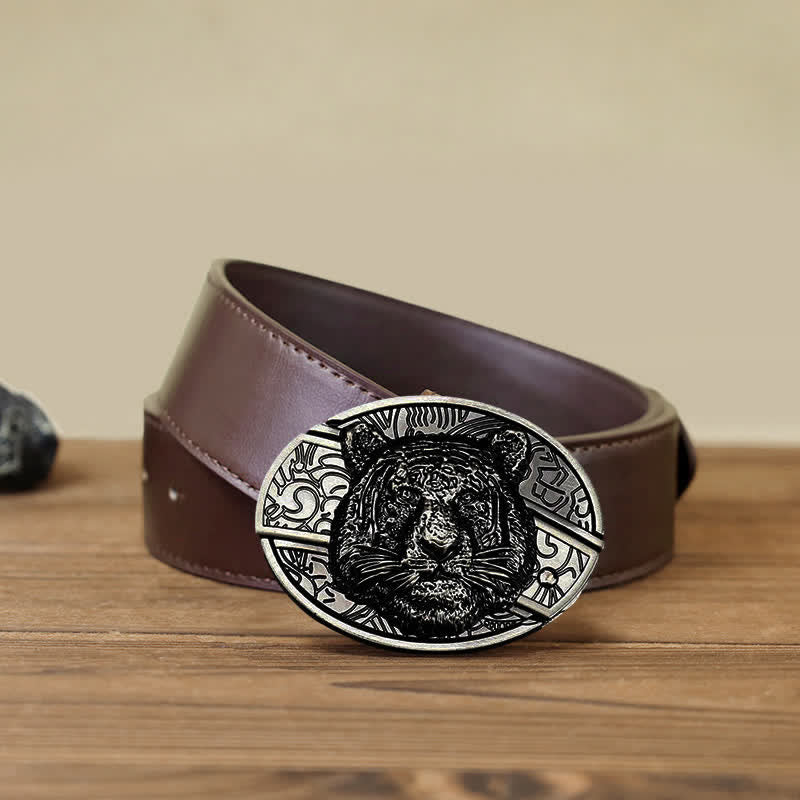 Cinturón de cuero con cuchillo plegable oculto con cabeza de leopardo para hombre