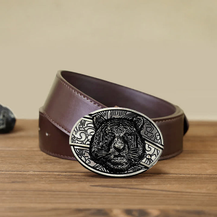 Cinturón de cuero con cuchillo plegable oculto con cabeza de leopardo para hombre