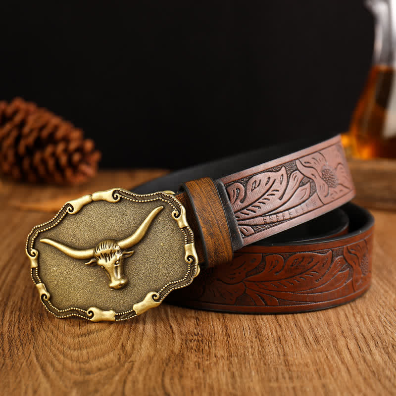 Cinturón de cuero de toro longhorn antiguo para hombre