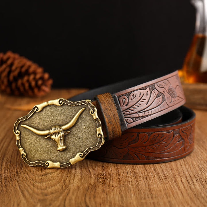 Cinturón de cuero de toro longhorn antiguo para hombre
