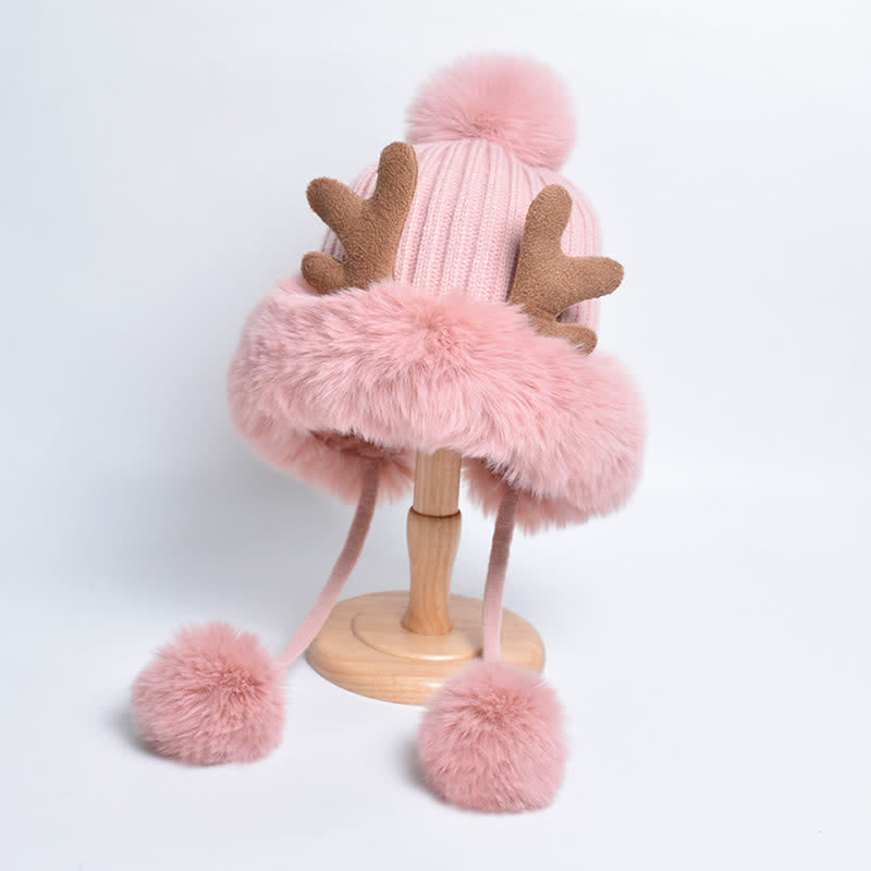 Gorro de punto con pompón de cuerno de ciervo para mujer