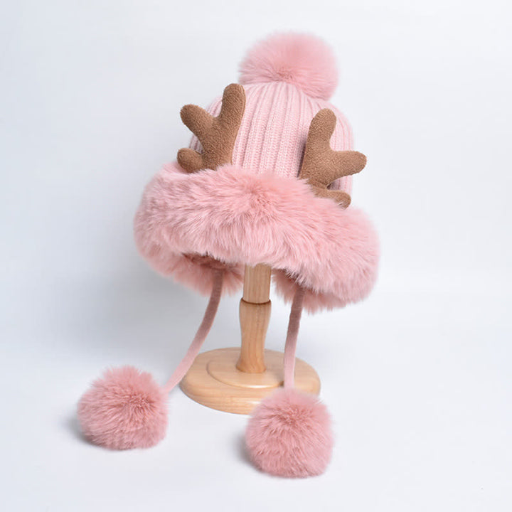 Gorro de punto con pompón de cuerno de ciervo para mujer