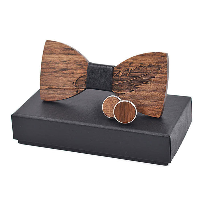 Juego de 2 pajaritas de madera con grabado de plumas para hombre