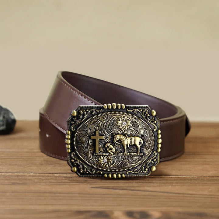 Cinturón de cuero con hebilla de oración de rodillas con cruz de caballo para hombre hecho a mano