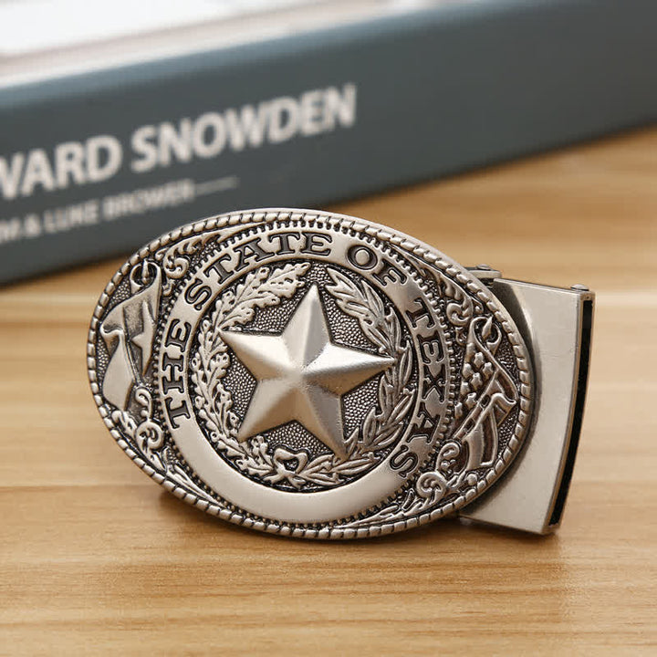 Cinturón de cuero con hebilla automática con pentagrama de Texas para hombre, hecho a mano