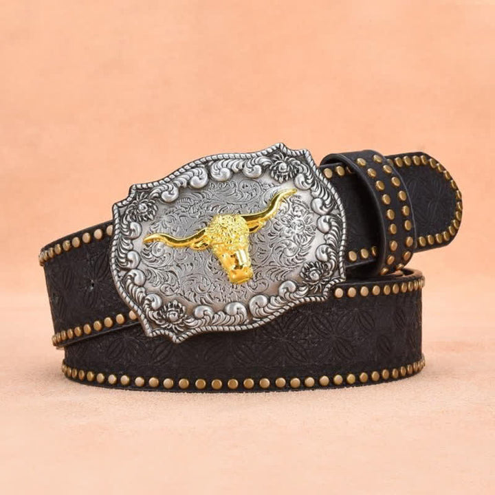 Cinturón de cuero de toro longhorn dorado con remaches punk para hombre