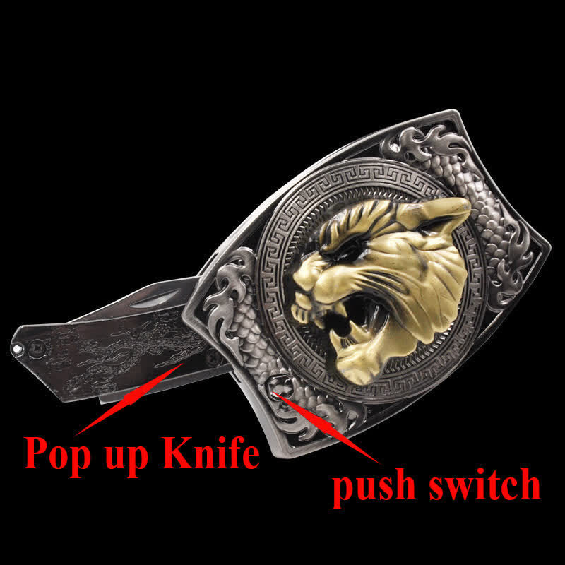 Cinturón de cuero con cuchillo plegable oculto de tigre para hombre, hecho a mano