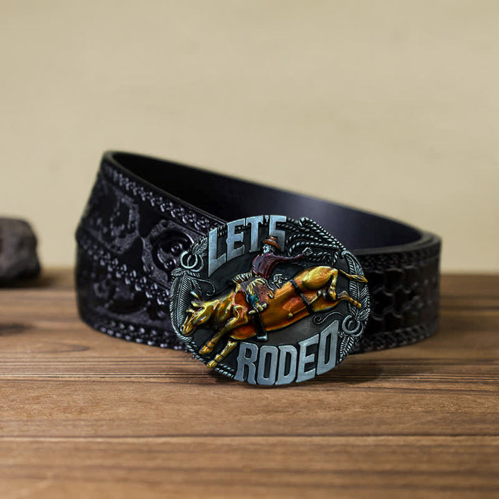 Cinturón de cuero con hebilla de toro esmaltado Let's Rodeo para hombre hecho a mano