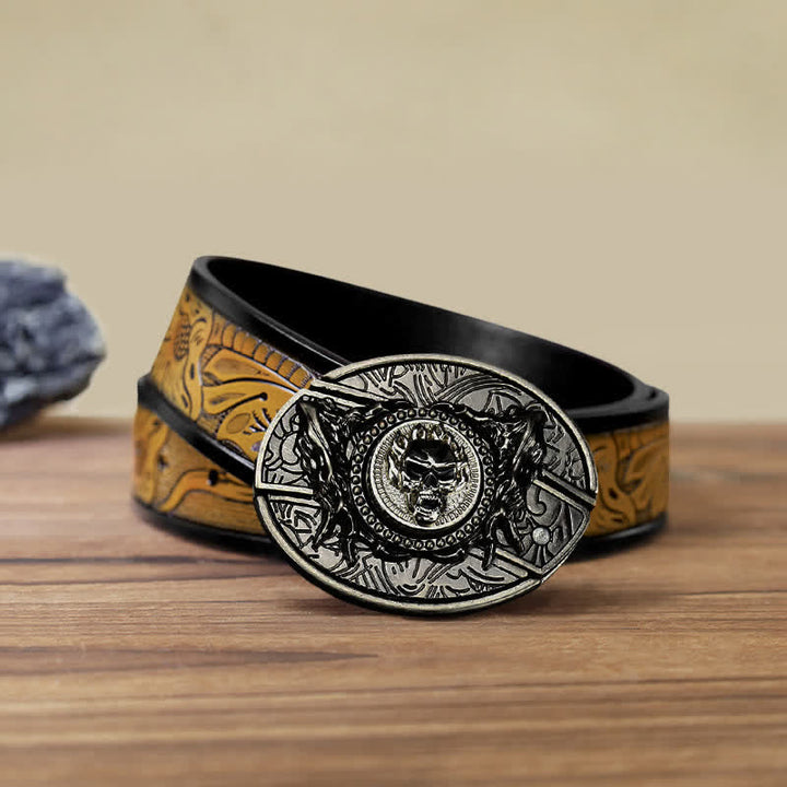 Cinturón de cuero con cuchillo plegable oculto y calavera giratoria para hombre