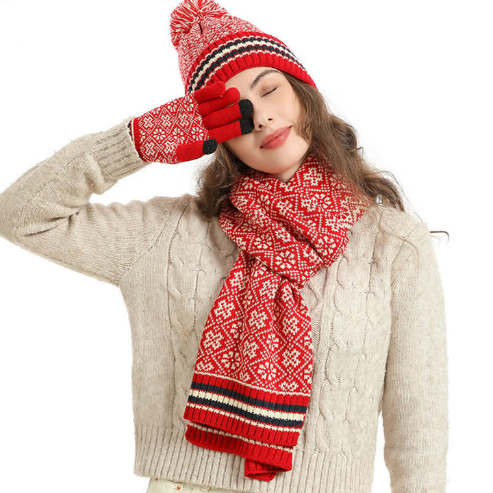 Juego de 3 guantes unisex con pantalla táctil, gorro y bufanda con copos de nieve