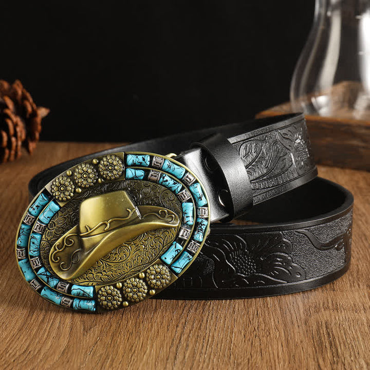 Cinturón de cuero con decoración turquesa y sombrero de vaquero dorado para hombre
