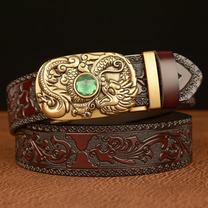 Cinturón de cuero con piedras preciosas y dragón grabado para hombre