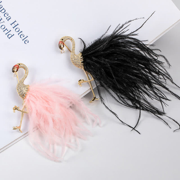 Broche de plumas de circonita y flamenco brillante