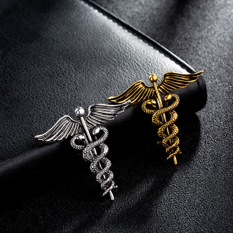 Broche de serpiente doble con caduceo para hombre